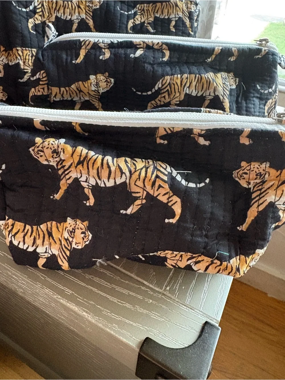 Set of 3 Tiger Print Quilted Cosmetic Pouch Set - Black & Gold